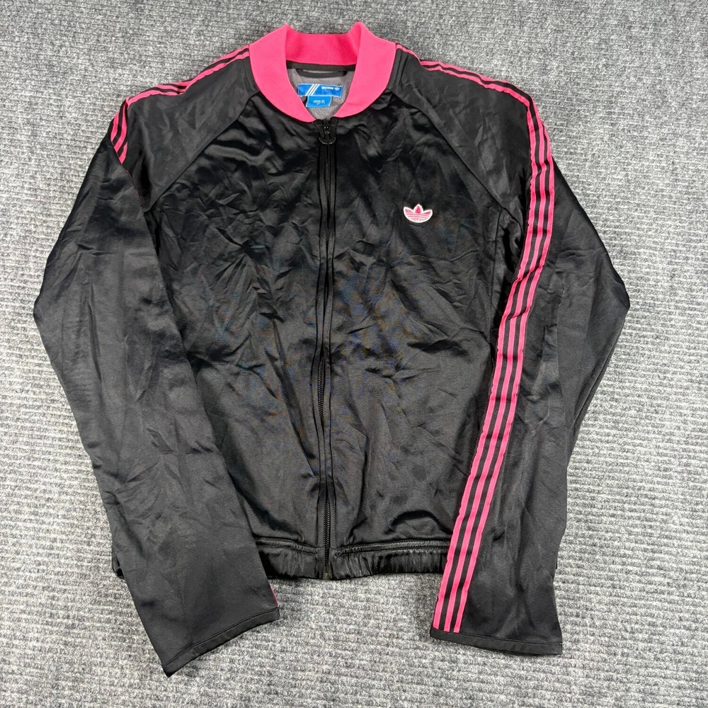 Adidas Track Jacket Womens M Black Pink Excellent 3-Stripes Trefoil Full Zip
